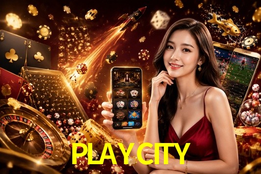Una escena digital vívida inspirada en casino con PLAYCITY mostrado prominentemente, luces brillantes, fichas, cartas y acentos dorados.