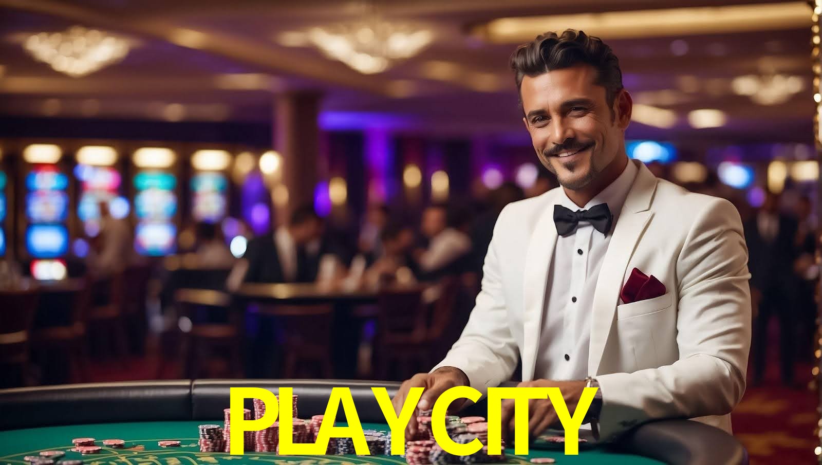Escena dinámica inspirada en casino con iluminación PLAYCITY, cartas, fichas e íconos de juegos digitales en un espacio moderno de juegos.
