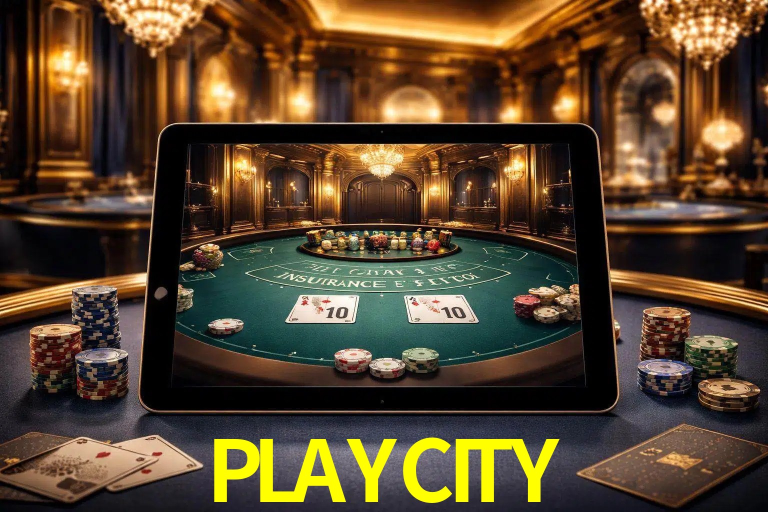Configuración moderna de casino en vivo con una tableta mostrando una mesa de blackjack, luces cálidas de estudio y una atmósfera elegante de juegos digitales.