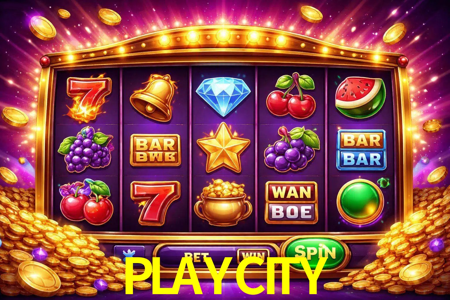 Una interfaz colorida de tragamonedas en línea con símbolos brillantes, monedas y un efecto de victoria celebratoria en PLAYCITY.