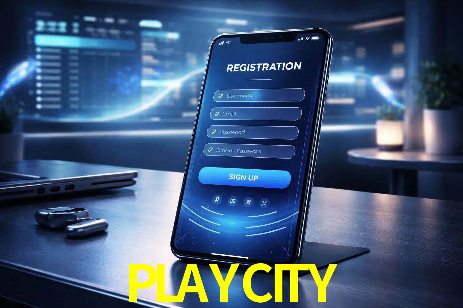 Una interfaz moderna de registro móvil para PLAYCITY mostrada en un smartphone con un panel de apuestas elegante.